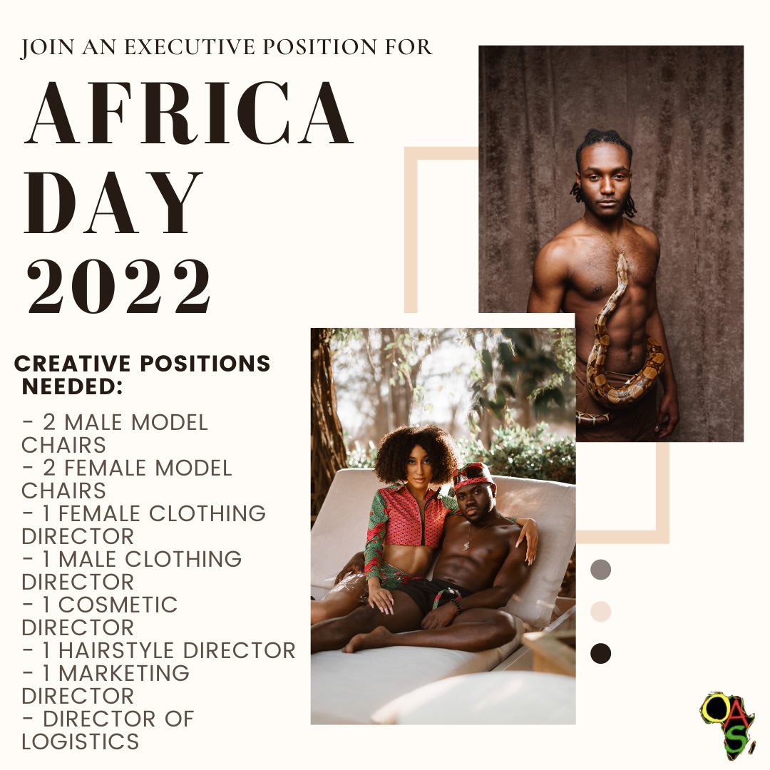 oasatuva's tweet photo. 🌍✨ It’s that time of the year again, Africa Day is back!! Executive board applications for Africa Day 2022 are now live and are due on November 10 at 11:59 pm!! If you are interested the link is attached below and also located on our website 🌍✨ https://t.co/uwYW8WnzQi