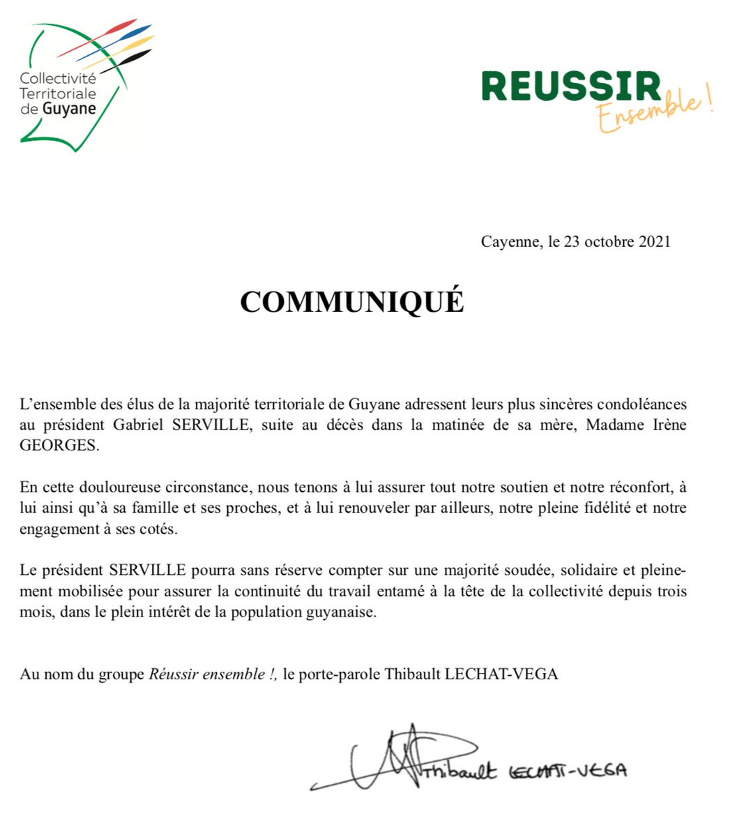 Tlechatvega's tweet photo. Au nom du groupe majoritaire de la @CTdeGuyane et en mon nom personnel, je veux adresser toutes mes condoléances à mon président, et surtout ami Gabriel @GabrielServille, qui a perdu sa maman tôt ce matin.
Nous sommes soudés autour de lui et partageons sa peine. https://t.co/J47zogD7LZ