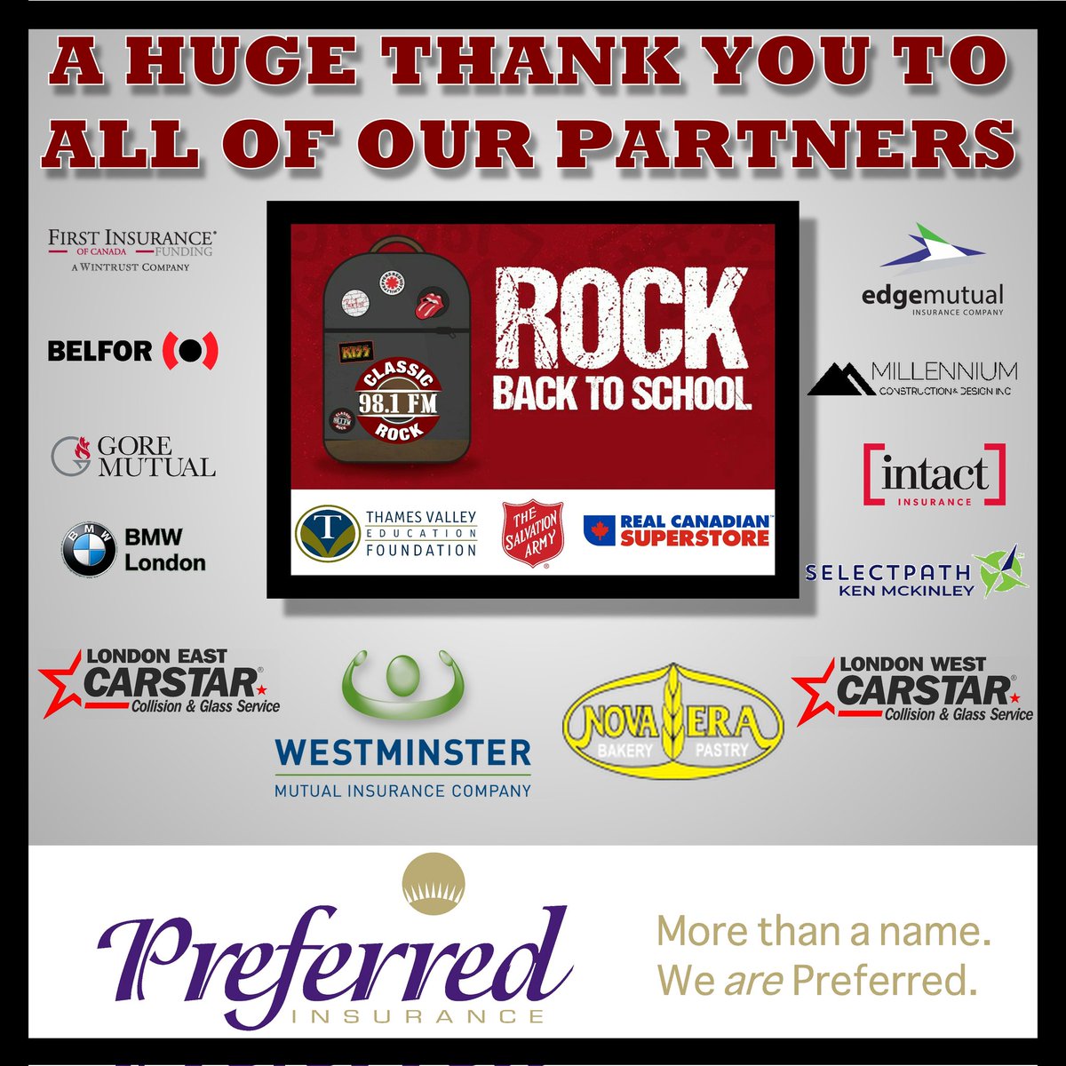 PreferredWeAre's tweet photo. A HUGE Thank You to all of our Rock Back to School Partners for 2021!  In the past 8 years, we have surpassed 1000 Loaded Backpacks for kids and families in need!
#HelpingOthers #BestFirstDay #PoweredByPreferred #RockBackToSchool #ClassicRock981FM #Teamwork #LocalSupportingLocal https://t.co/vmq5wYb9bD