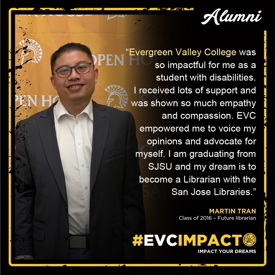 OfficialEVC's tweet photo. It's #DisabilitiesAwarenessMonth! Featuring #EVCAlumni Martin Tran. π "My interest in Library and Information Science began as an EVC student and it continued at @SJSU. I got inspired to give back to the community, and the library played a really big part in that." π https://t.co/G1NSsj2Jdn
