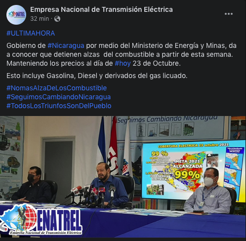 Canal4Ni's tweet photo. Gobierno de Nicaragua por medio del Ministerio de Energía y Minas, da a conocer que detienen alzas del combustible a partir de esta semana. Manteniendo los precios al día de hoy 23 de Octubre. 

Esto incluye Gasolina, Diesel y derivados del gas licuado.

#Nicaragua https://t.co/0V8aB02dnp