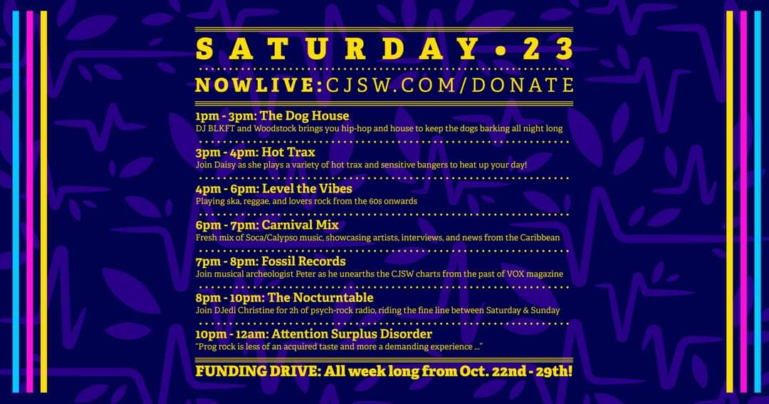 Nocturntable's tweet photo. Saturday night is coming, listeners! 
My annual Funding Drive show is gonna be a blast! 💛 Tune in and trip out @CJSW 90.9FM 💙 TelusTV 7065 🖤 Stream: https://t.co/Tdj3tiDqtW 💜 #yyc #friendsofcjsw #fundraising https://t.co/I67y33gRXf