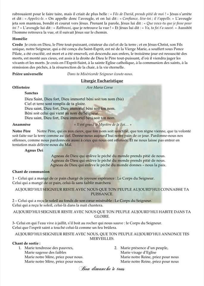 Demain à 11h sera célébrée la messe dominicale en l’église Ste Lucie.