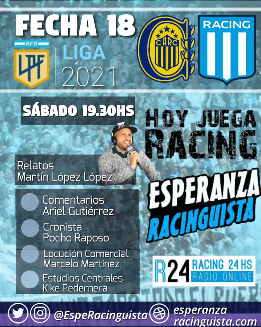⚠️#HoyJuegaRacing y con el equipo de #EsperanzaRacinguista estaremos desde el Gigante de Arroyito para llevarte el partido ante #RosarioCentral  a tus oídos.

Desde las 19:30hs, sumate a la app <a href="/racing24ok/">Racing 24 - Radio Online</a>📲 con la transmisión número 1 de #Racing.