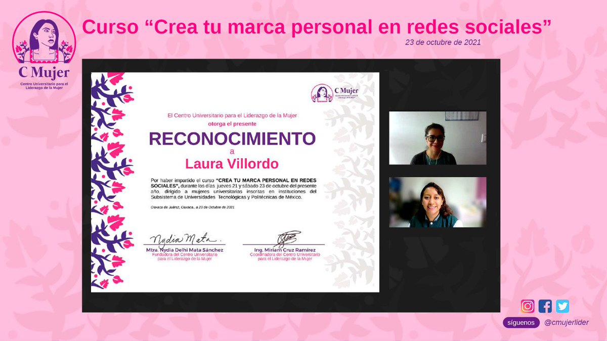 CMujerLider's tweet photo. 🌟Culminamos con éxito el #cursoCMujer 'Crea tu marca personal en redes sociales', agradecemos a la maestra #LauVillordo por compartir tips a las universitarias para posicionarse efectivamente en redes sociales.
#CMujer fortalece las habilidades de mujeres en educación superior https://t.co/luBAnepxN5