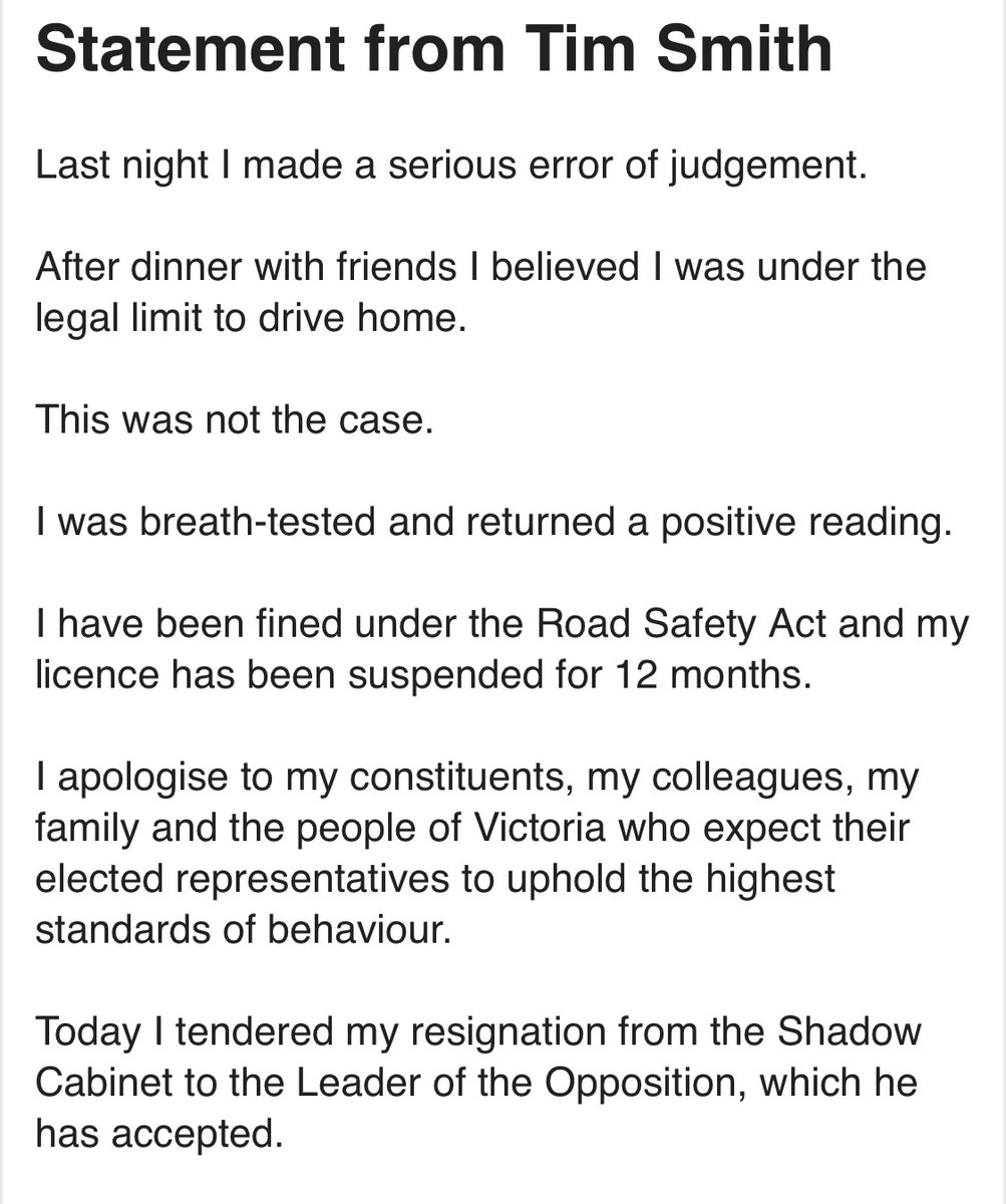 SimoLove's tweet photo. Kew MP Tim Smith gone from Shadow Cabinet after drink driving and crashing his car in Power St Hawthorn.
The now former Shadow A-G was quite vocal when Labor MP Will Fowles had a drunken incident in Canberra, calling on him to leave parliament.
@10NewsFirstMelb #springst https://t.co/Zbtov8qJZf