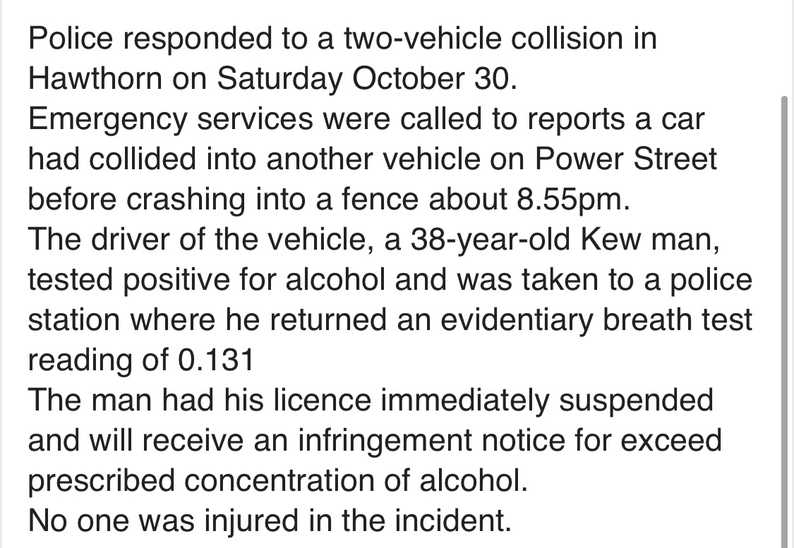 SimoLove's tweet photo. Kew MP Tim Smith gone from Shadow Cabinet after drink driving and crashing his car in Power St Hawthorn.
The now former Shadow A-G was quite vocal when Labor MP Will Fowles had a drunken incident in Canberra, calling on him to leave parliament.
@10NewsFirstMelb #springst https://t.co/Zbtov8qJZf