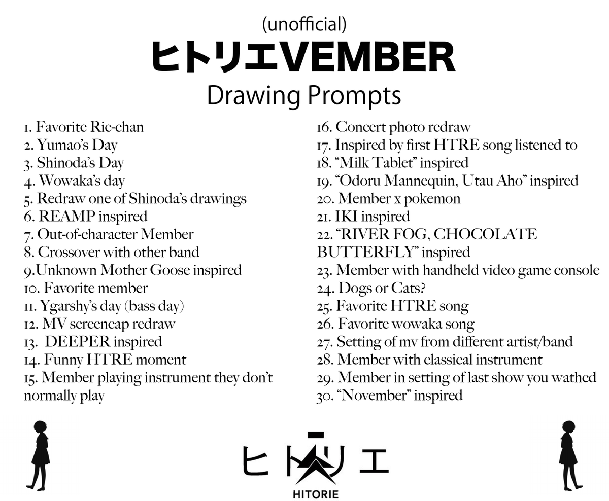 crispiirino's tweet photo. For the month of November, @Luiechu and I have compiled a list of drawing prompts for Rievember or ヒトリエvember. Please feel free to take part in this !!!
#rievember #ヒトリエvember https://t.co/F2nKiTS3QX