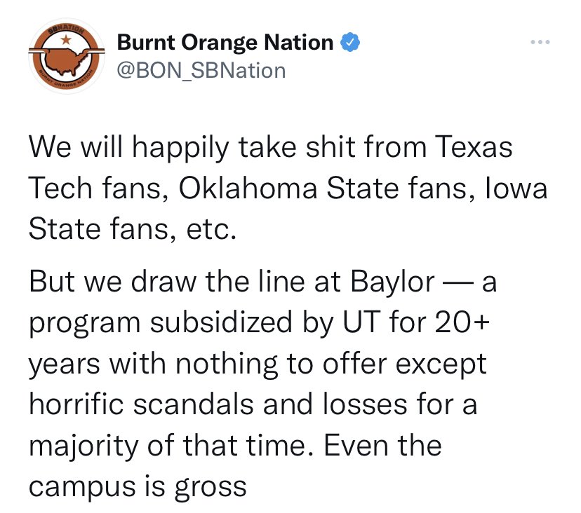 brenticles42's tweet photo. @BON_SBNation Oh you poor thing. Are mean tweets upsetting you? Bless your heart.
Have fun losing in the SEC.
#UtterTrash #HornsDown https://t.co/mBDwskGFfD