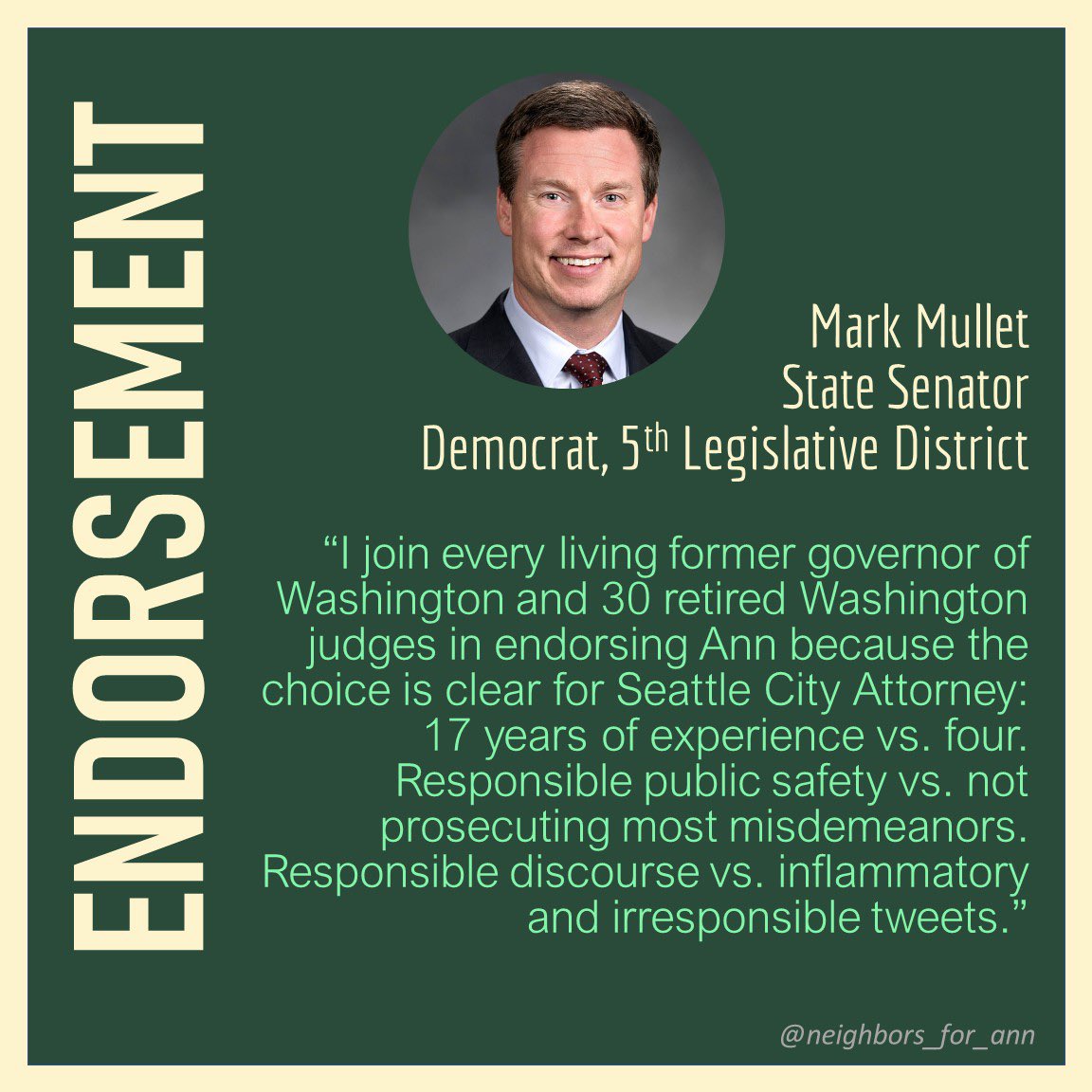 NeighborsForAnn's tweet photo. Thank you, Senator Mullet.
#istandwithAnn #vote
#seattlecityattorney #Seattle #leadernotatweeter https://t.co/PRTX9fgTwW