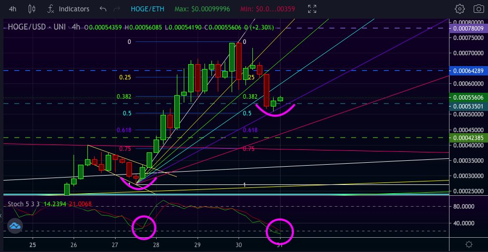 Funkybrown111's tweet photo. Hope ur having an awesome day. It's good that $HOGE had a little retracement and right now finding support at this fib line 4 h stochastic indicator had some time to reset &amp; we are currently charging for next possible big move to the upside! letz do this ;)
#HOGEeverywhere $shib https://t.co/h1JJvZZ83z
