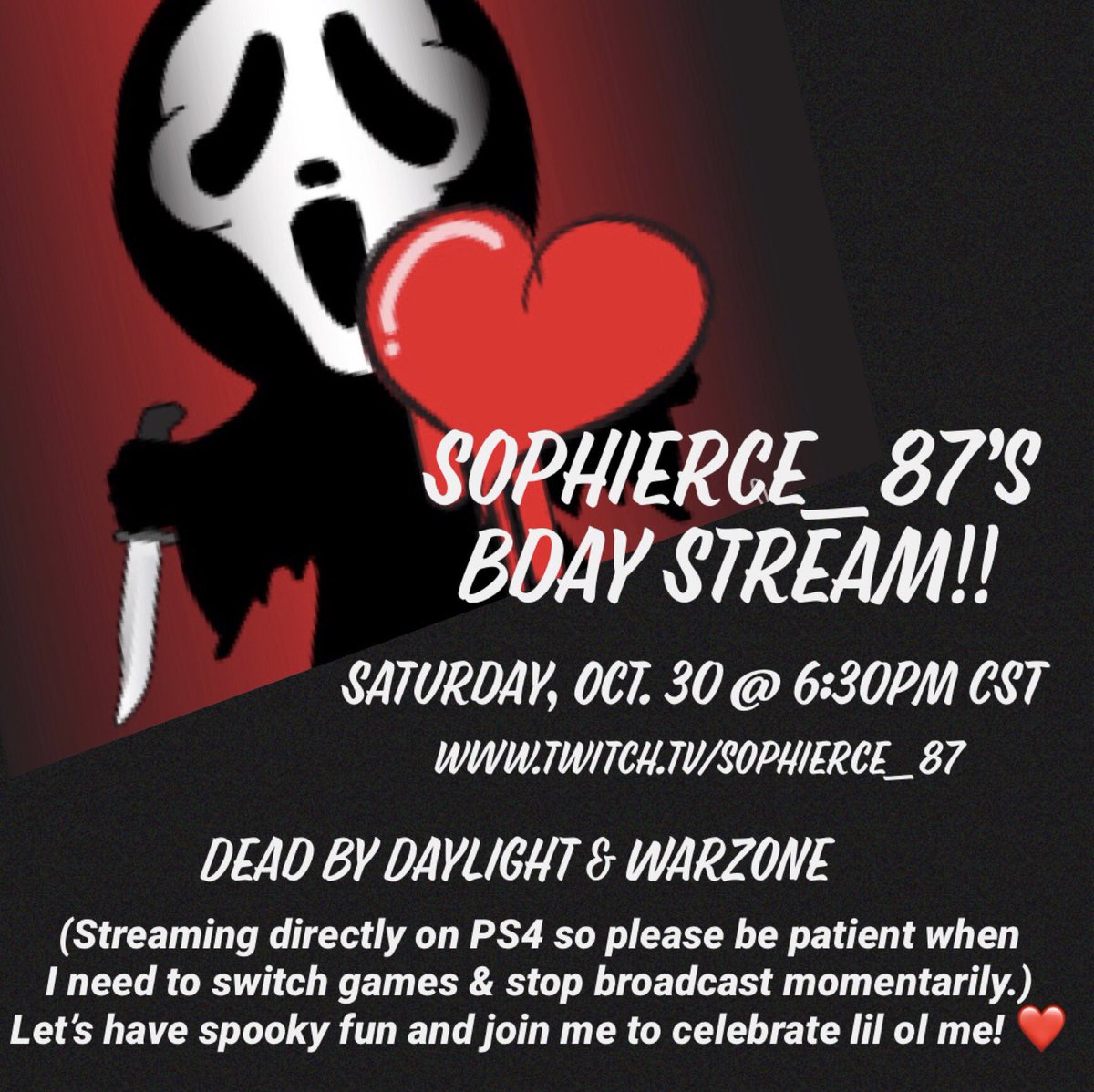 Sophierce8's tweet image. Bday Stream Incoming! Will be live soon! #twitch #twitchaffiliate #SmallStreamersCommunity #SmallStreamerConnect #PS4 #DBD #Warzone #Bdaystream twitch.tv/sophierce_87