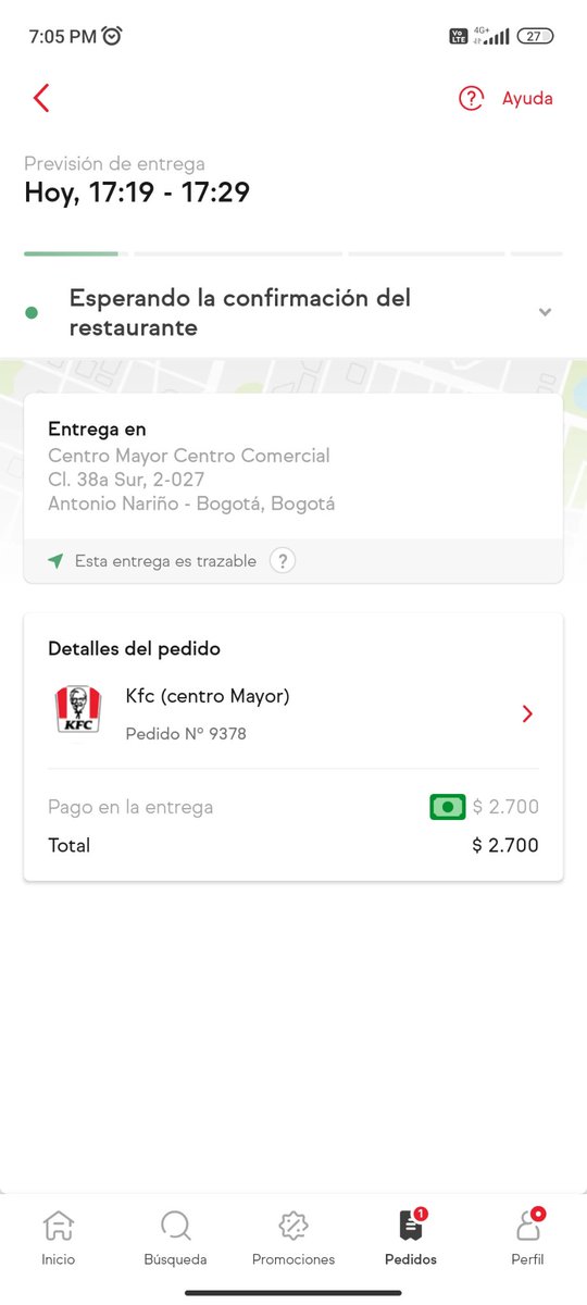pipeguz's tweet photo. @iFoodCo q porquería. Hice 1 pedido a las 4:30 pm son las 7:10 pm y no ha llegado. Al llamar a @KFC_ES me dicen q ifood hizo el pedido pero no tiene domiciliarios para recogerlo. Aún sigue abierto no puedo cancelar ni comunicarme a ifood. nunca jamás con esta compañía @sicsuper https://t.co/iU2fu0cfR7