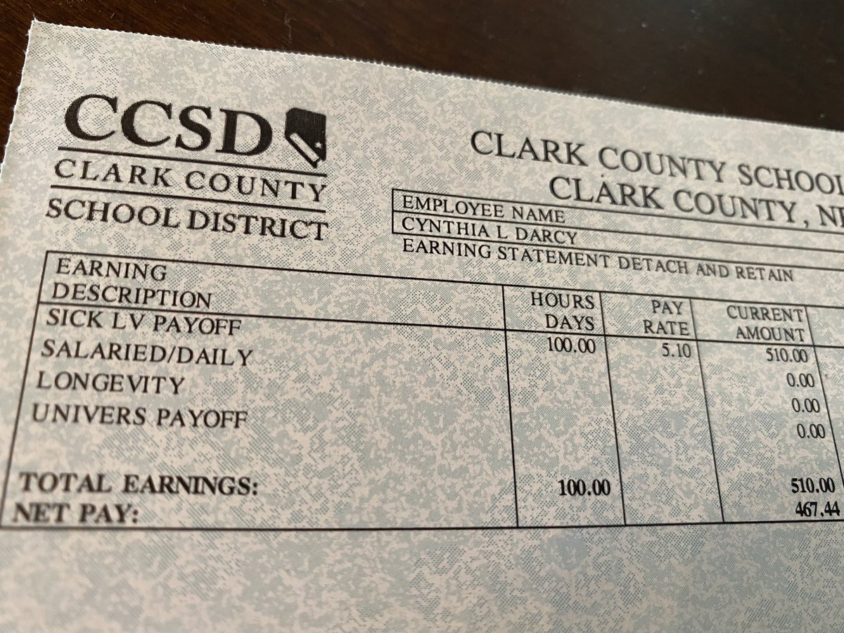 I spoke to <a href="/ClarkCountySch/">CCSD</a> teacher who retired after 31 yrs.She saved 306 unused sick days but was only be paid for 100 of them. Her total check was $467.44. Meaning she was paid $5.10 for each unused sick day. Her warning to other teachers tonight at 6 <a href="/8NewsNow/">8 News Now</a> #8NN