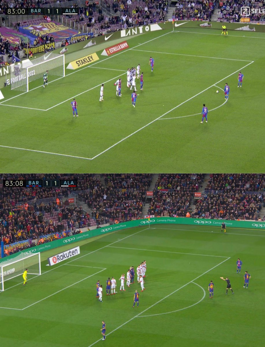 Coutinho 2021: Falla el tiro libre y el Barça empata 1-1 contra el alaves                                                                            

Messi 2018: Mete gol de tiro libre en el mismo minuto y el barça gana 2-1 contra el mismo rival

Cómo se nota tu falta, Leo.