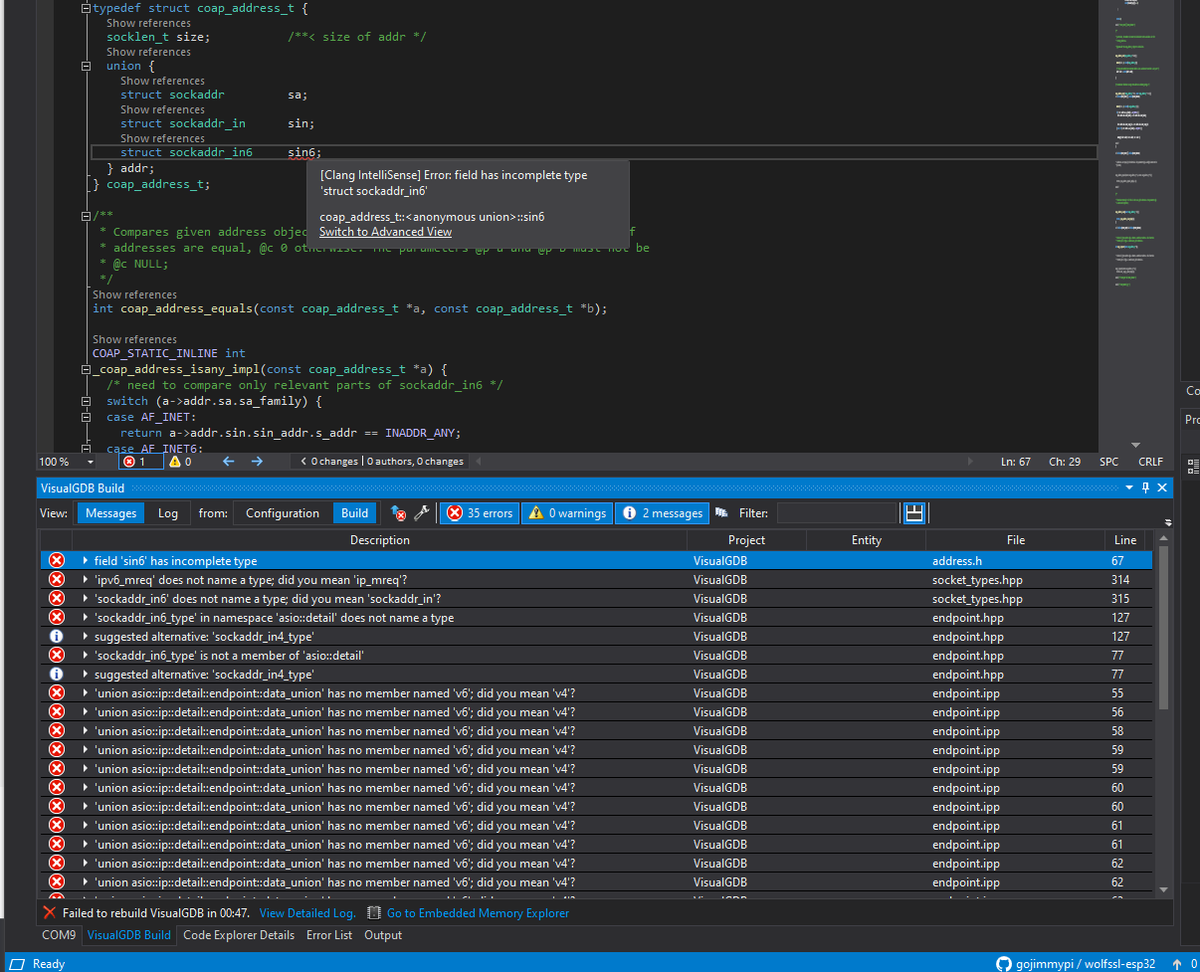 gojimmypi's tweet photo. I'm impressed as to how well polished the @Sysprogs #VisualGDB is for ESP-IDF #ESP32 #JTAG single-step debugging with @SEGGERMicro J-Link in @VisualStudio. My WSL make project imported to Visual Studio with only minor stumble: IPV6 & @wolfSSL SSL/TLS needed to be manually enabled https://t.co/1DQGCXzfJK