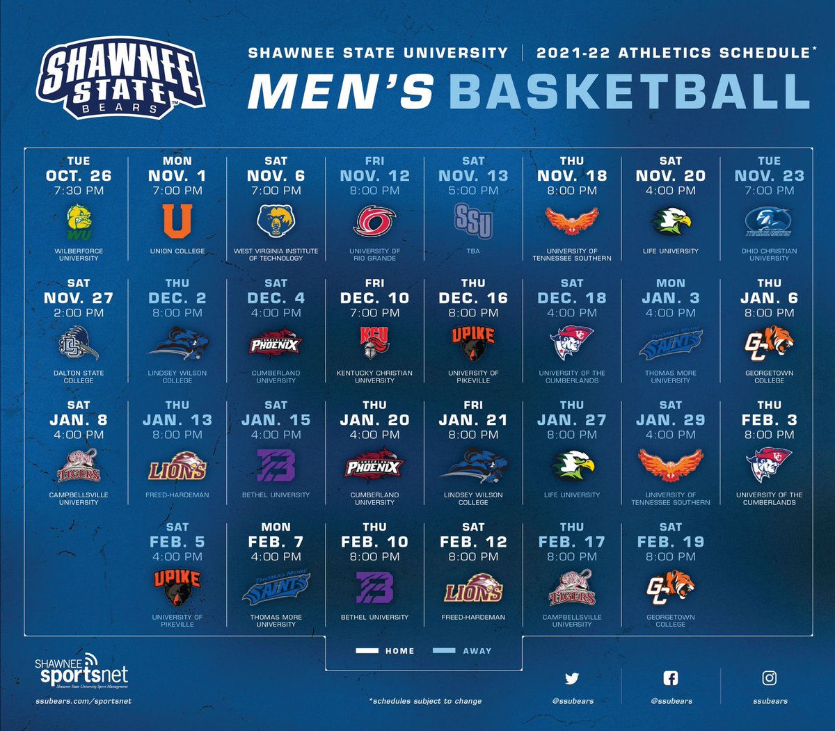 The Bears 2021-2022 schedule is out! 🚨

Mark your calendars and let’s pack The Cave… EVERY. HOME. GAME! 🏀 

#BeDifferentBeSpecial #DefendingChamps