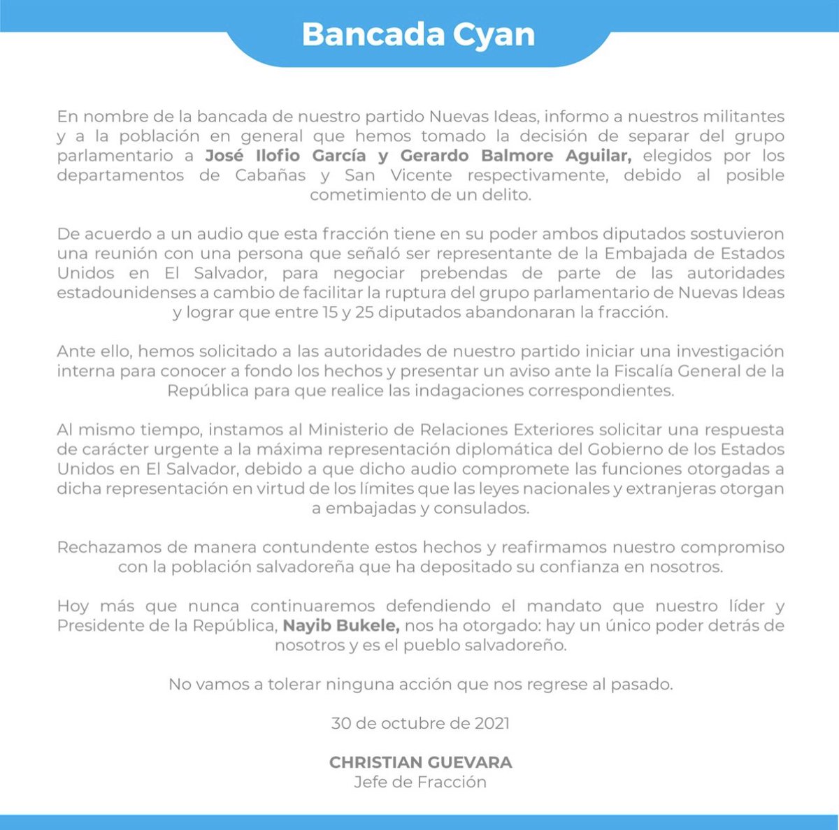 ChrisGuevaraG's tweet photo. COMUNICADO:

Los diputados de @nuevasideas únicamente se deben al pueblo salvadoreño. Ese es el mandato y estamos obligados a nunca traicionarlo. 

Que les quede claro que NO vamos a regresar al pasado oscuro que nos sepultó por décadas. https://t.co/aUrcNbfh9b