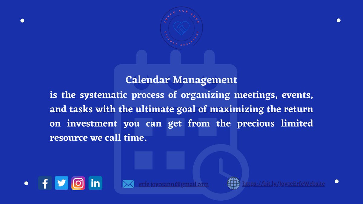 erfe_joyce's tweet image. Calendars, when used effectively, may save you and your executive time, keep you on track, provide you direction, and help you accomplish more. 📅📆

#Calendar #Time #CalendarMangement #VirtualAssistant #Planner