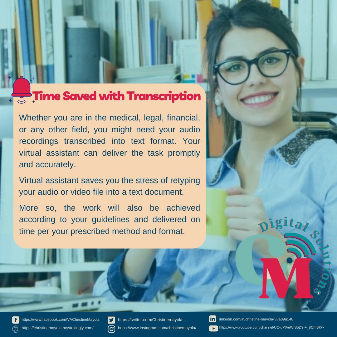 Christinemayola's tweet photo. A Virtual Assistant specializing in transcription will turn your audio into text in no time.

DM me if you have ANY questions regarding hiring a transcriptionist.
https://t.co/Ktu0D7yW2Y
https://t.co/gD0S1bUaGN
#Yourallinoneva #CMonlinesolutions #transcriptionist #remoteworking https://t.co/glpyK8Dy7g