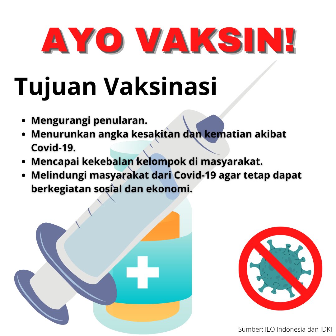 Buat yang masih pada takut vaksin, bisa disimak dikit nih tujuan vaksin. Intinya sih biar cepet terjadi kekebalan kelompok. Biar buru-buru kelar pandeminya. Sama buat melindungi orang-orang yang ga percaya Covid 😃 
<a href="/IndonesiaILO/">ILO Indonesia</a> 
<a href="/AJI_JAKARTA/">AJI Jakarta</a> 
#rumahjurnalis
#bebascovid19