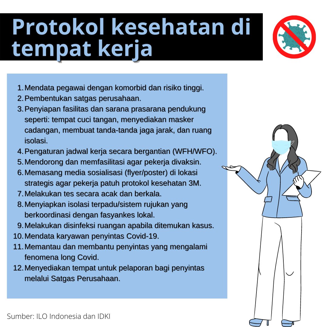 Buat yang punya tempat kerja dengan jumlah karyawan yang banyak, ini bisa jadi rekomendasi nih. Bagi yang udah manajer, bisa nih diterapkan di kantornya masing-masing supaya sama-sama terlindungi dari bahaya Covid-19. 
<a href="/IndonesiaILO/">ILO Indonesia</a> 
<a href="/AJI_JAKARTA/">AJI Jakarta</a> 
#rumahjurnalis
#bebascovid19