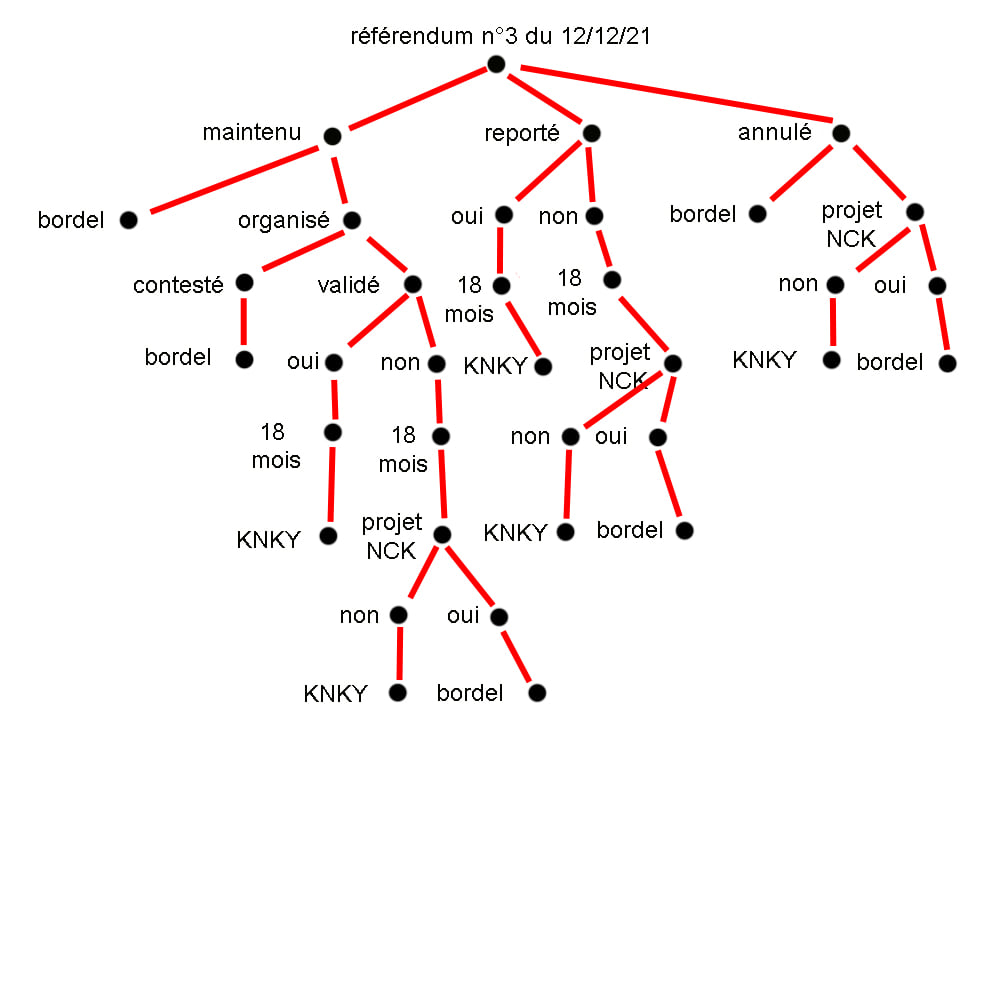 Ce que ce diagramme arborescent révèle des trois hypothèses possibles lors du référendum prévu le 12 décembre c’est que les trois cas de figure conduisent tous à l’alternative Kanaky ou bordel, que l’hypothèse « maintien » est celle qui y conduit le plus lentement et que l’hypothèse « annulation » est celle qui y mène le plus directement. Légendes : KNKY = Kanaky ; NCK = autonomie ; bordel = guerre civile : 18 mois = période de transition.