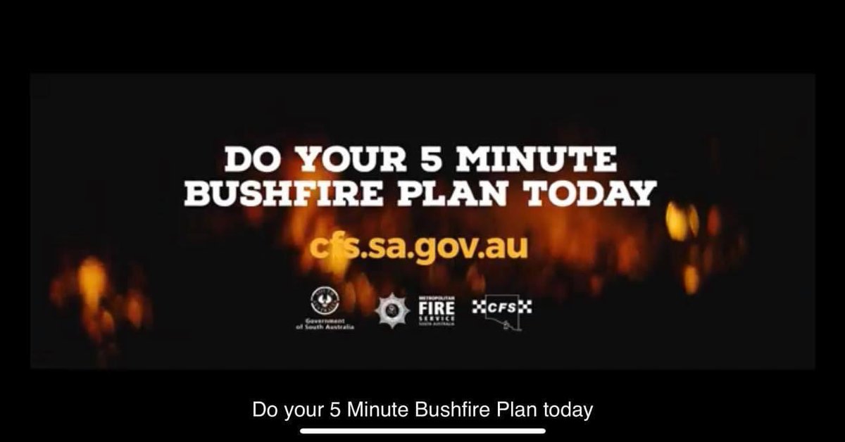 VincentTarzia's tweet photo. With the fire danger season set to begin in much of the state tomorrow, we’ve launched the latest SA Country Fire Service #bebushfireready campaign. Make sure you’re bushfire ready this season by preparing your bushfire survival plan and downloading the Alert SA app @CFSAlerts https://t.co/Eh5C2qjVAG