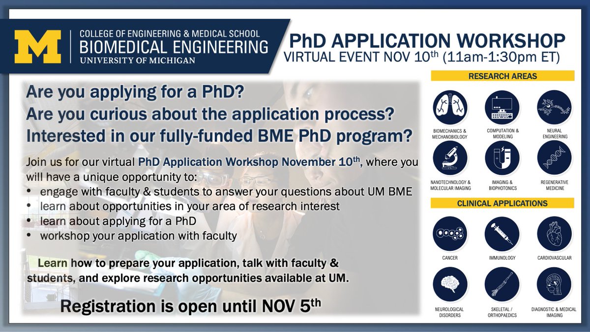 Interested in a BME PhD?  Please join UMich BME faculty and students for an informative workshop geared towards strengthening your grad apps! Registration here: forms.gle/CXKSQ3Kq4Frmpy…