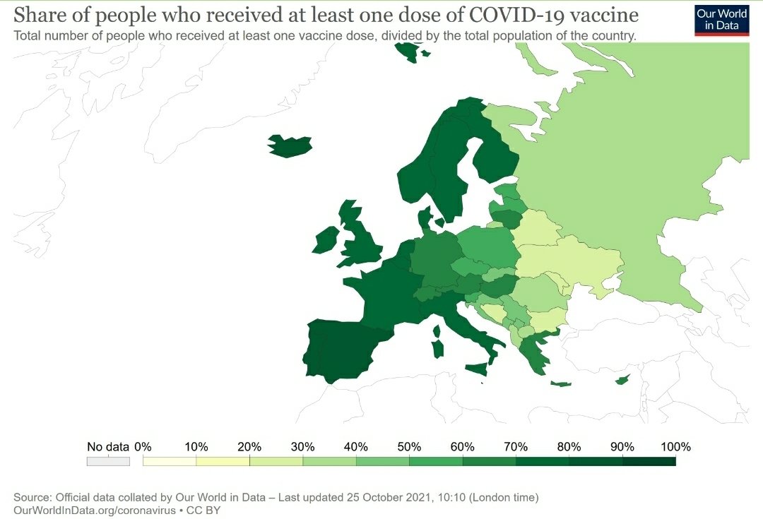 Mirad este mapa, el de tonos rojos, sobre fallecimientos por #COVID19 en #Europa .
Mirad ahora en tonalidades verdes el estado de #vacunacion en el siguiente mapa.
Pues eso, una imagen vale más que mil palabras: a más verdor menos enrojecimiento. #VacunateYa #SARS_CoV_2