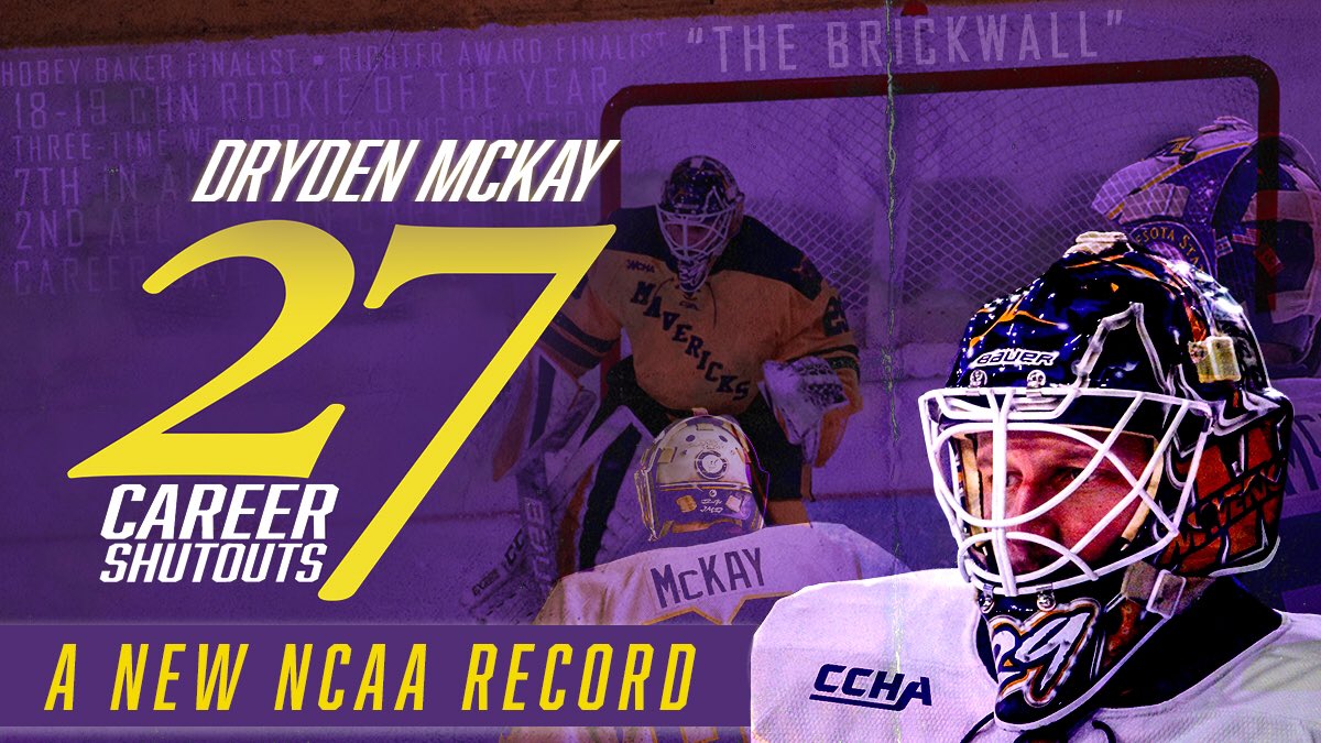 MinnStMHockey's tweet image. HISTORY IS MADE! THERES A NEW NCAA CAREER SHUTOUTS LEADER AND HIS NAME IS DRYDEN MCKAY!!