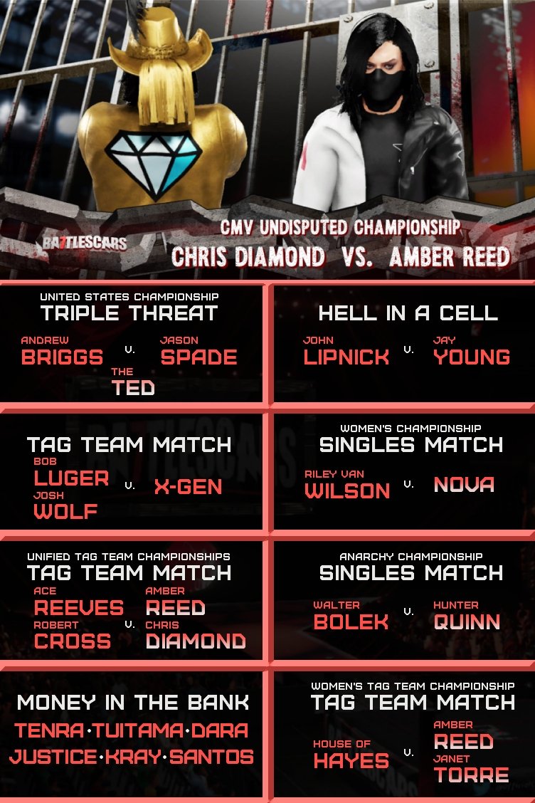 OfficialCMV_'s tweet photo. Don't miss an absolutely STACKED show tomorrow as CMV presents: Battle Scars! Amber Reed must run the gauntlet as she will defend ALL THREE of her championships on the same night! Will Jay Young's TV Nightmare be fully realized when he meets John Lipnick inside Hell in a Cell? https://t.co/gkajZduMLe