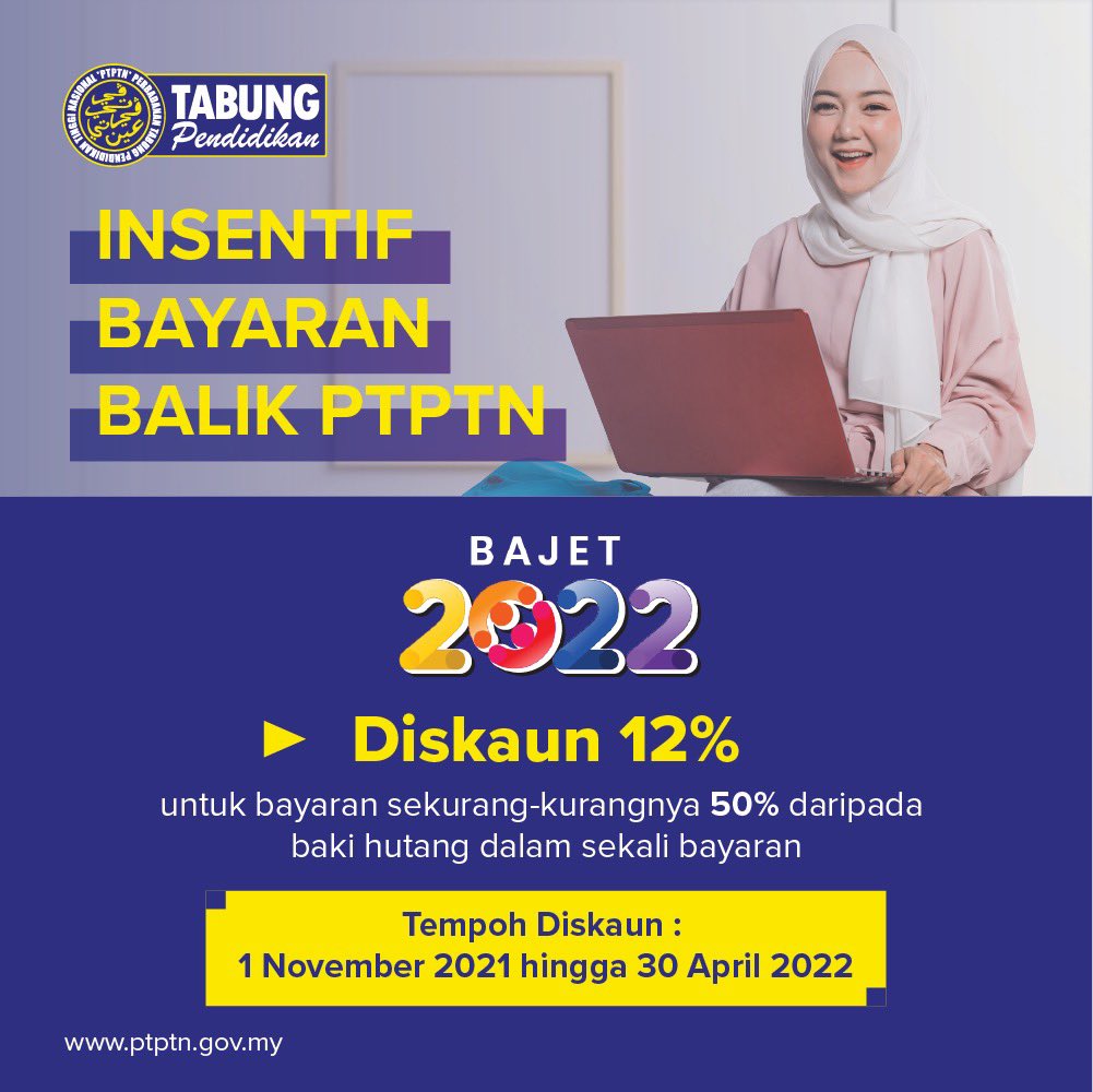 PTPTNOfficial's tweet photo. [BAJET2022] Berita baik kepada semua peminjam PTPTN.

Diskaun Bayaran Balik Pinjaman PTPTN bermula 1 November 2021 hingga 30 April 2022.

#Bajet2022
#PeluangKejayaanAnda
#PTPTNPrihatin https://t.co/rgMKpyM1Nb