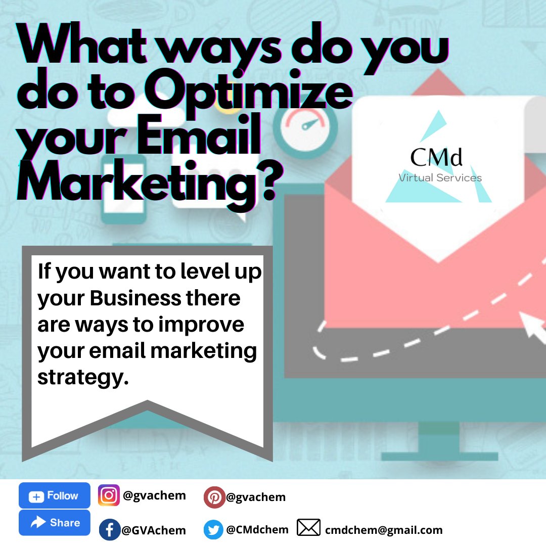CMdchem's tweet image. Engaging Email Marketing
7 Ways To Optimize Your Email Marketing Strategy
Targeted List
Optimal Times
Subject Lines
Segmented Campaigns
Personalize Emails
Automation
Monitor Metrics
Level Up your Business, message me:
✅bit.ly/3pzwBjR
#CMdVirtualServices #marketingonline