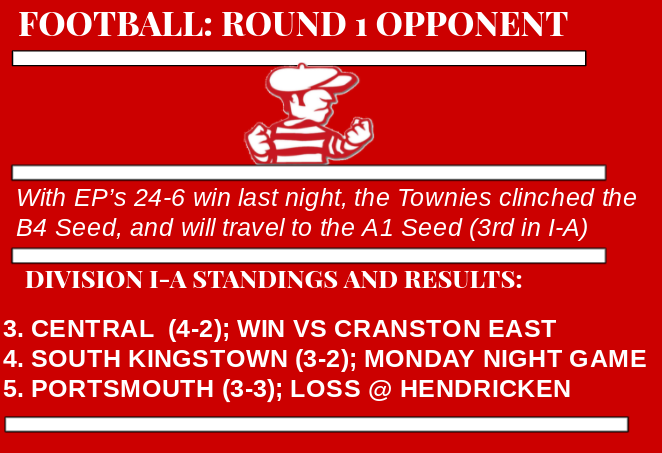 EPtowniesSports's tweet photo. @Ep_football_ 's Round One Opponent will be decided by the results of Monday Night's game between the South Kingstown Rebels and the East Greenwich Avengers. Here is a complete breakdown of who the Townies could be facing, thanks to @EricRueb of the Providence Journal. https://t.co/Yk9iVTveTq