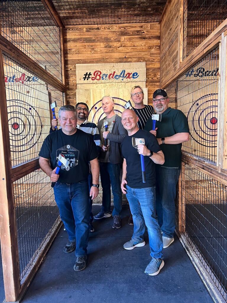 hmvandenb's tweet photo. What a great week. Finally able to meet in person as a team after the pandemic. So what do you after such time, throw some axes. @dendrobates @mdcarlson @circlejtp @JesseRBean #tanzuvalueadvisors https://t.co/GUbamRUpAD