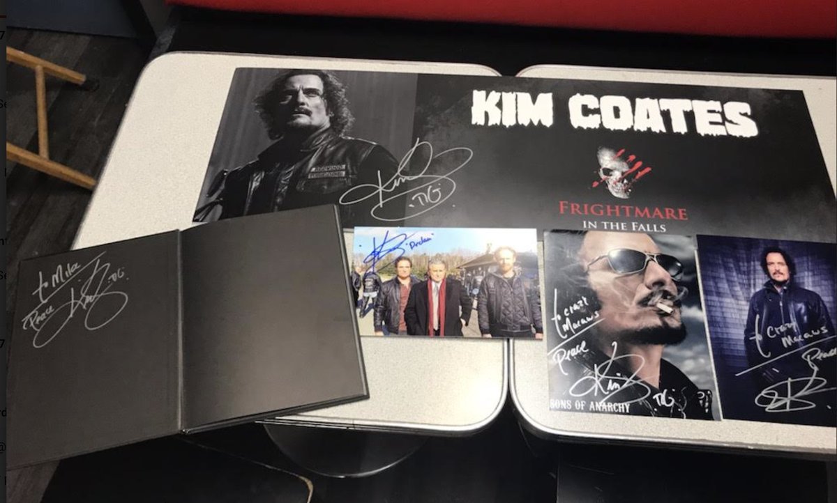 Mikescycles's tweet photo. A big thank you to my wife for getting Kim to sign a few items to add to our prop room at the cafe. Thanks Kim. @kimcoates @KimFCoates https://t.co/g8fyMdj3Xc