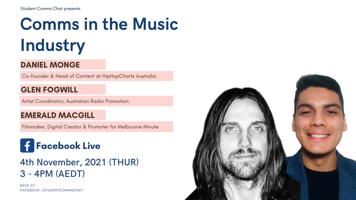 chat_comms's tweet photo. Want to know how #Comms mixes with the #Music Industry? Come join us for the Facebook Live on 4th Nov at 3pm (AEST) this Thursday, to meet our wonderful speakers; Emerald MacGill, Glen Fogwill at @AusRadioPromo &amp; @danielmonge__ https://t.co/usAtoNAO9g