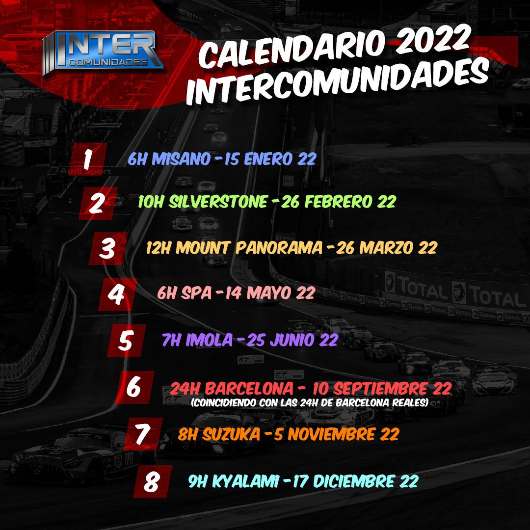 Si os estaba gustando el #2021, a partir de hoy vais a desear que se acabe ya porque lo que os presentamos hoy no es moco de Pavo.
Con todos Ustedes Campeonato Endurance Intercomunidades 2022.
8 rondas repartidas durante el trascurso del año con las 24H de BCN como evento Rey