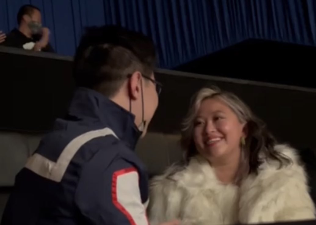 liliuhms's tweet photo. today i proposed to my partner!!!

rented a movie theater &amp; invited all our friends &amp; family to share in this day with us! (we all dressed up for halloween!)

@afternwn helped put together an animatic for us that played before the trailers! https://t.co/iaErUOC9EF