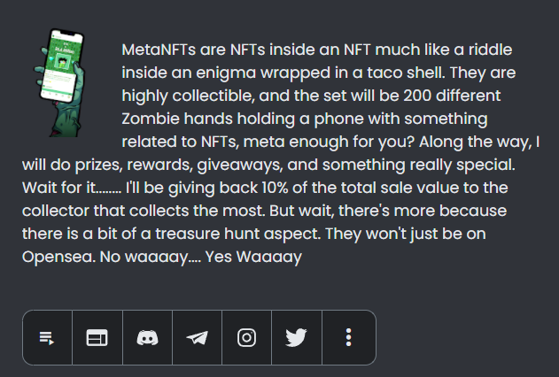 MetaNFTs1's tweet photo. The first few MetaNFTs have dropped, now you get it.
They're Meta duh.
1⃣Follow
2⃣Collect
3⃣RT and ask questions.
#nfts #nft #nftart #nftartist #nftcollector #cryptoart #digitalart #nftcommunity #crypto #ethereum #blockchain #cryptocurrency #cryptoartist #opensea #nftcollectors https://t.co/iY8WN8GqeS