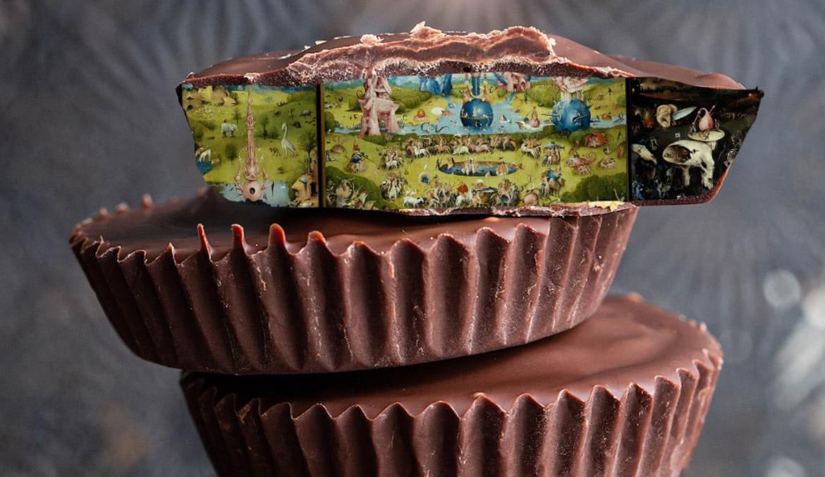 Jewyorican's tweet photo. PLEASE CHECK your kids Halloween candy this weekend! I AM SERIOUS. My son got a peanut butter cup with Hieronymus Bosch's Garden Of Earthly Delights inside it. https://t.co/3p01aPt9jt