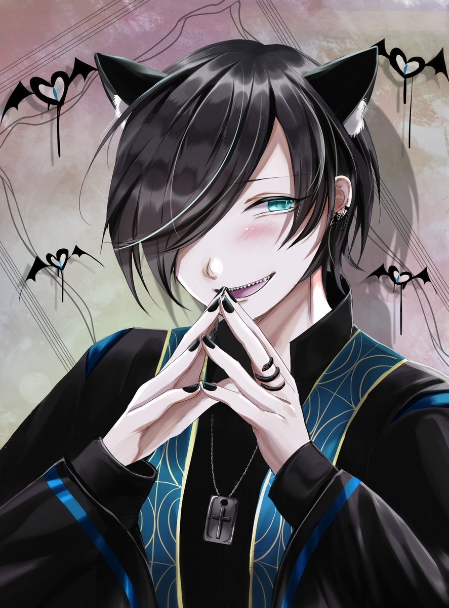 1boy male focus black hair black nails animal ears hair over one eye jewelry  illustration images