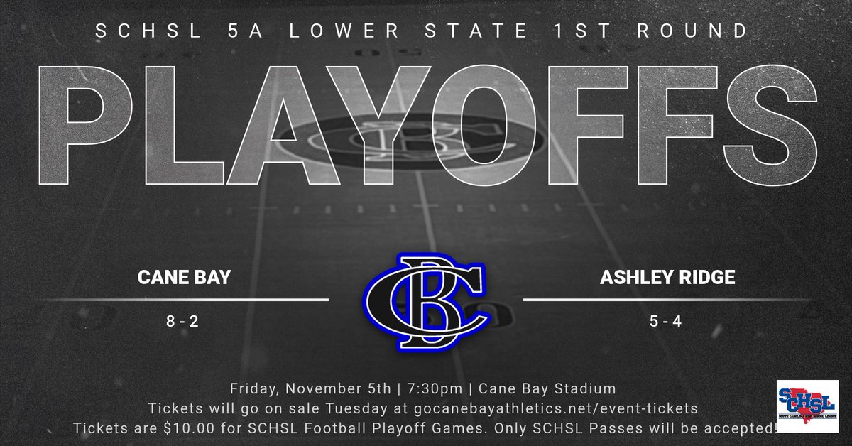 The Cobras will host Ashley Ridge in the opening round of the 5A Lower State Football Playoffs next Friday.  Tickets will be sold at gocanebayathletics.net/event-tickets starting Tuesday.  Come out and support the COBRAS as we begin PLAYOFF SEASON!!!