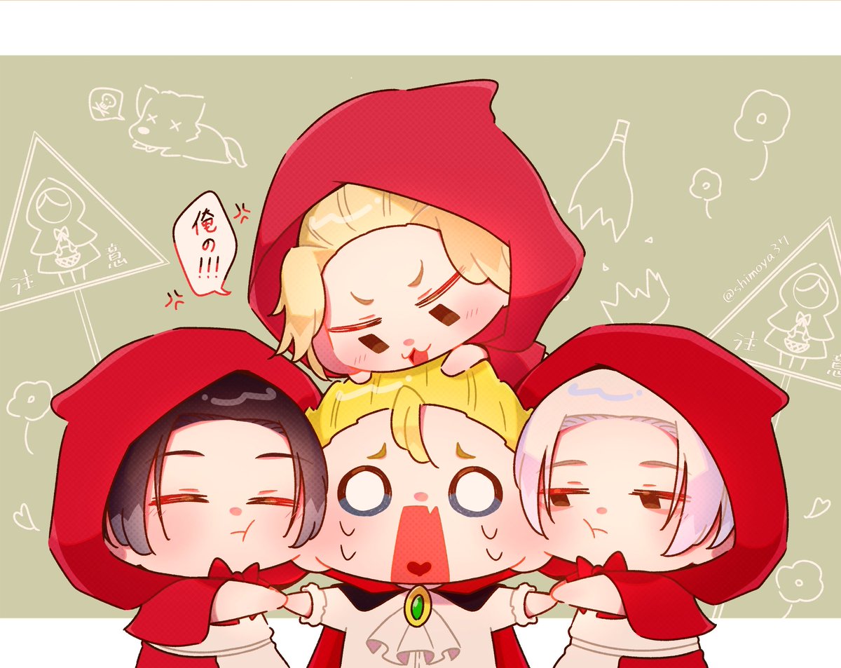 multiple boys blonde hair red hood hood black hair little red riding hood (grimm) (cosplay) male focus  illustration images