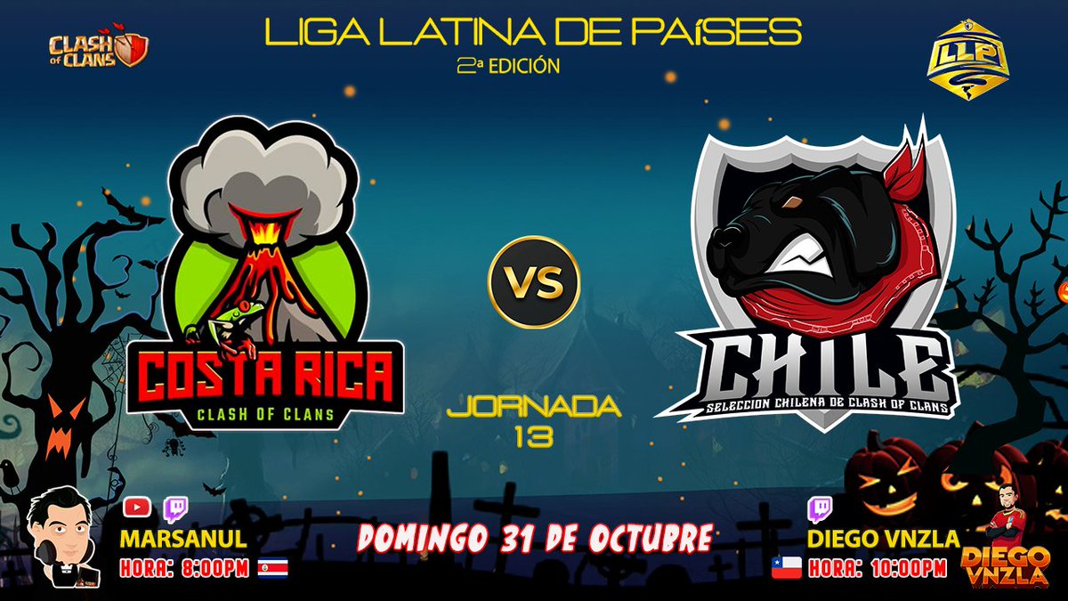 Liga Latina De Países (@llp_coc1) on Twitter photo 📣≋𝙅𝙊𝙍𝙉𝘼𝘿𝘼 13 - 𝙇𝙇𝙋≋📣
📌𝙃𝙊𝙔 𝙉𝙊 𝙏𝙀 𝙇𝙊 𝙋𝙄𝙀𝙍𝘿𝘼𝙎‼️
⚔️COSTA RICA 🇨🇷 🆚 CHILE 🇨🇱
🔹 <a href="/CRCOC506/">Selección de Costa Rica</a> <a href="/Team_ChileCoc/">Team Chile</a>
EN VIVO❗ <a href="/marsanul/">Marsanul Clasher</a> <a href="/DiegoVnzlaYT/">DiegoVnzlaYT</a> 📣≋𝙅𝙊𝙍𝙉𝘼𝘿𝘼 13 - 𝙇𝙇𝙋≋📣
📌𝙃𝙊𝙔 𝙉𝙊 𝙏𝙀 𝙇𝙊 𝙋𝙄𝙀𝙍𝘿𝘼𝙎‼️
⚔️COSTA RICA 🇨🇷 🆚 CHILE 🇨🇱
🔹 <a href="/CRCOC506/">Selección de Costa Rica</a> <a href="/Team_ChileCoc/">Team Chile</a>
EN VIVO❗ <a href="/marsanul/">Marsanul Clasher</a> <a href="/DiegoVnzlaYT/">DiegoVnzlaYT</a>