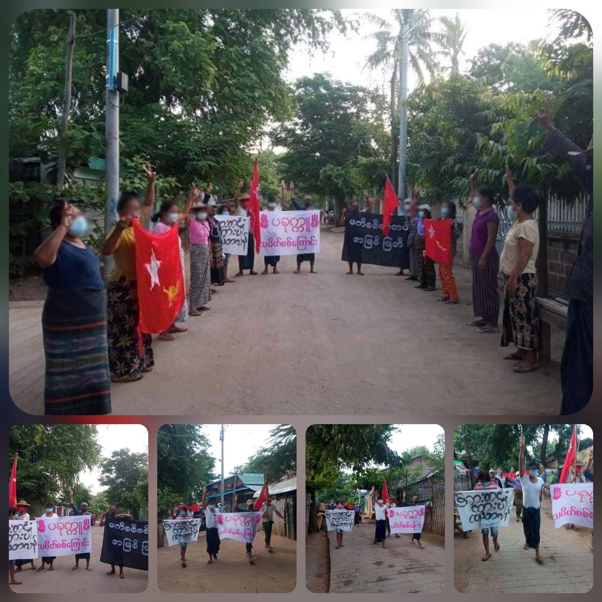 A group of pro-democracy residents from Pakokku tsp, Magway Division encouraged the Thantlang people by showing their solidarity along with peaceful anti-authoritarian morning strike in guerrilla style 🚩

#FreezePaymentsToJunta 
#Oct31Coup
#WhatsHappeningInMyanmar