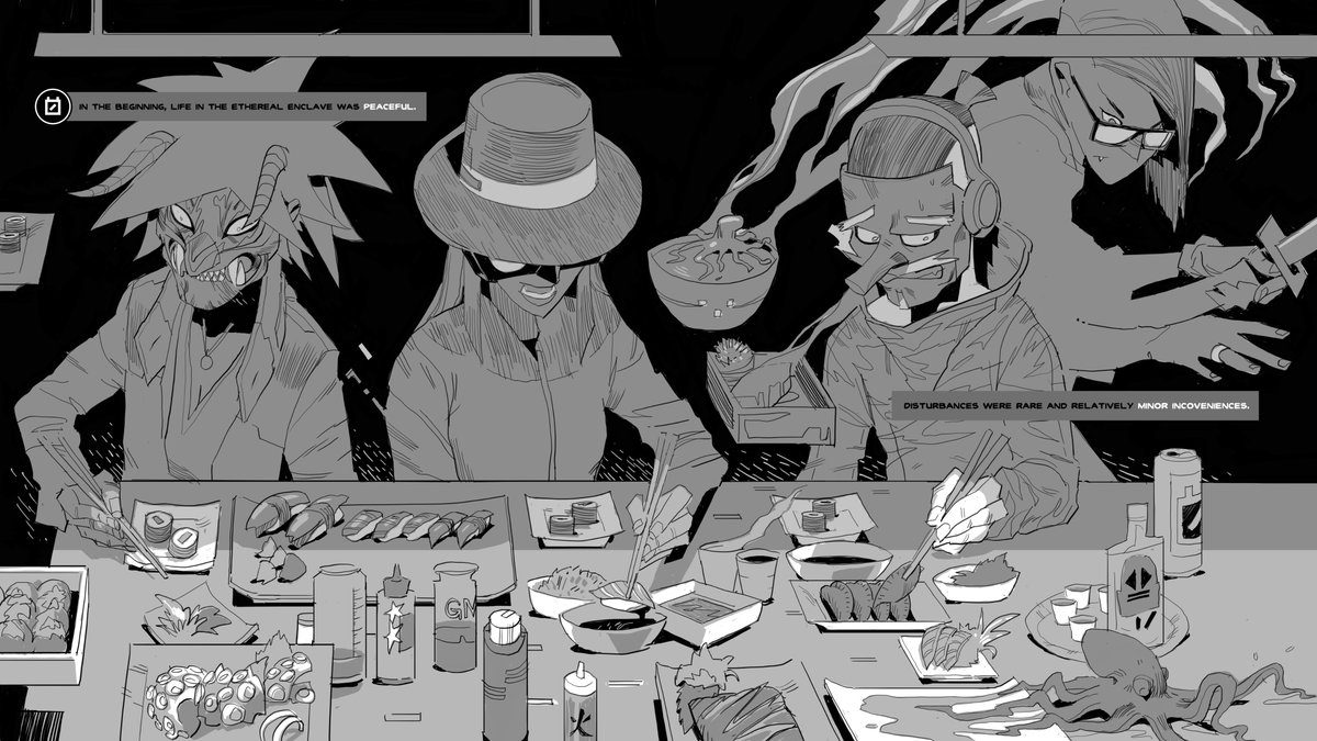 0n1Force's tweet photo. Day 1/7 👺

Life in the Ethereal Enclave was peaceful and prosperous. Rule under the Emperor granted eternal life; infinite leisure for music, arts, and poetry. 

Time passed without thought and citizens of the Enclave enjoyed eternity in one of many sprawling districts. 🍣 https://t.co/e7douJVWz5