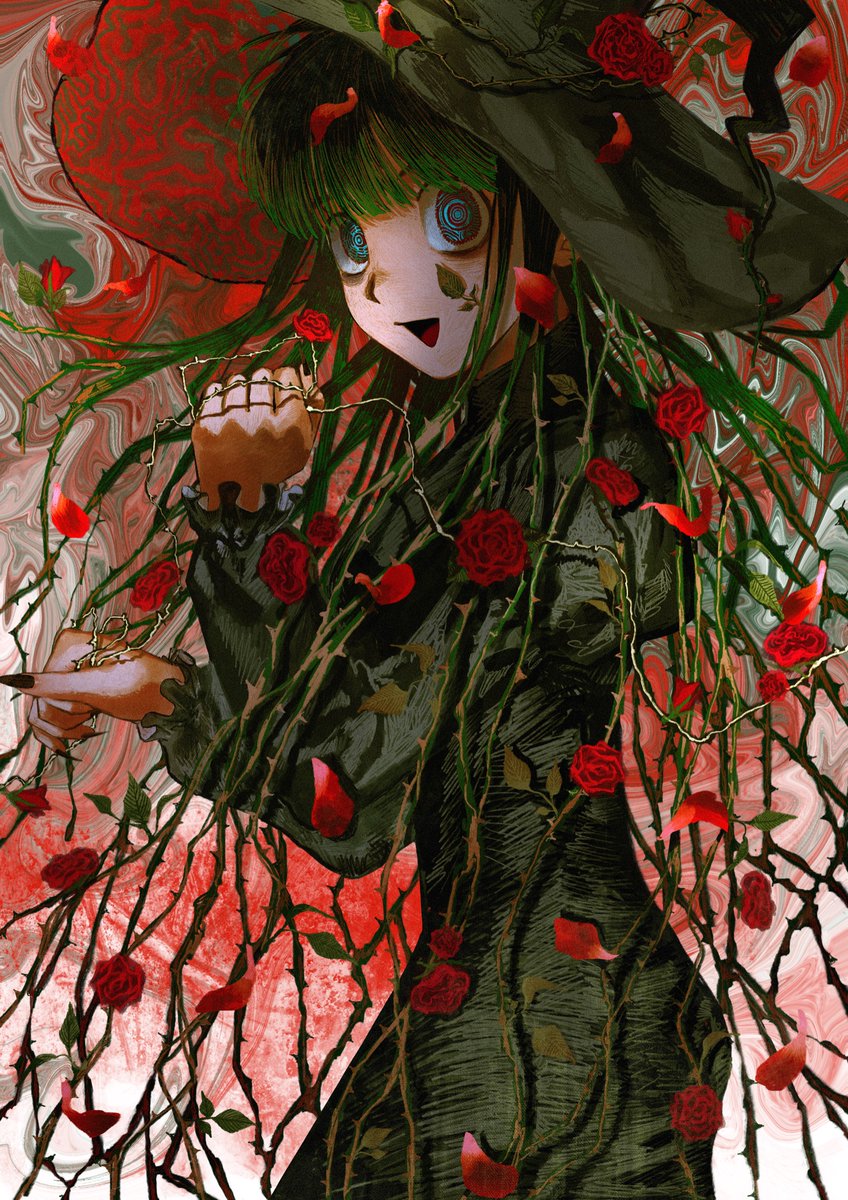 1girl hat witch hat solo flower rose blue eyes  illustration images