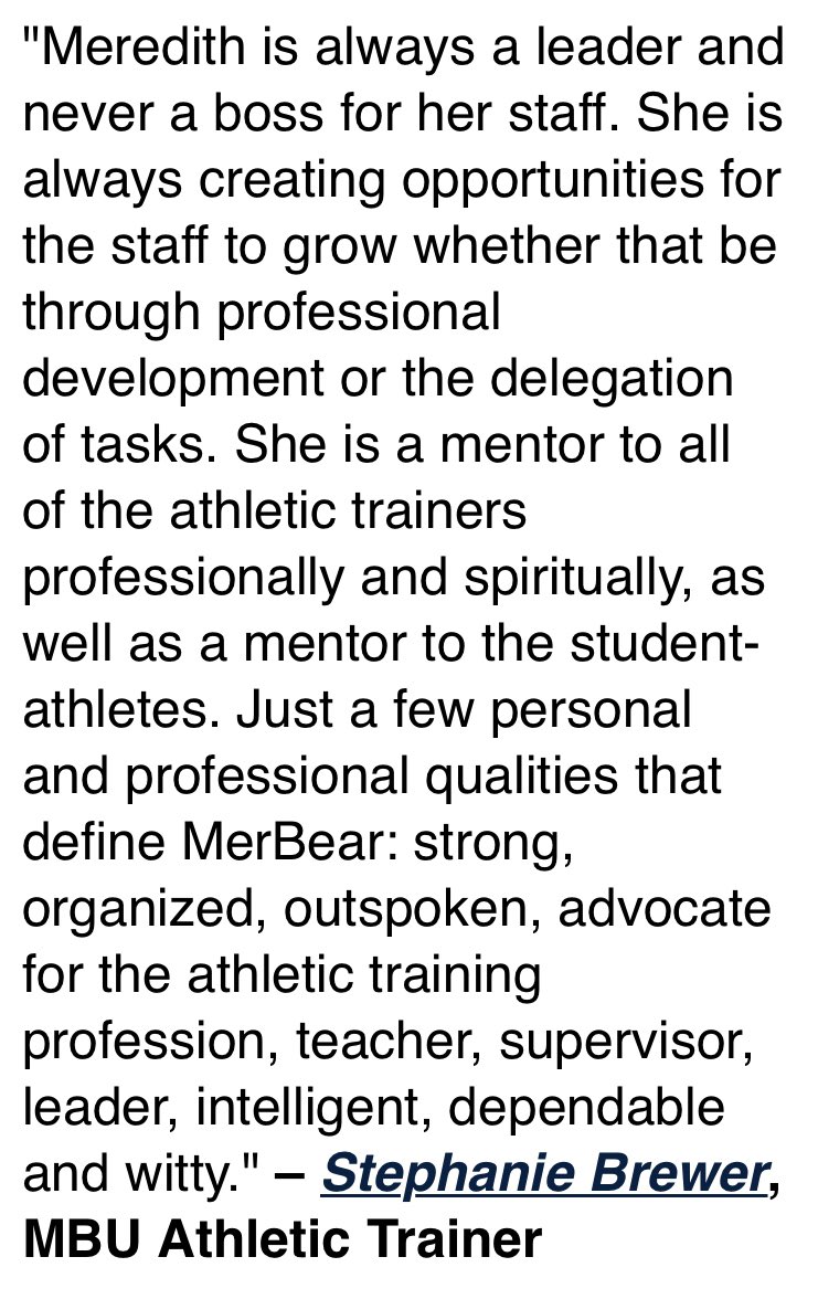 Celebrating this lady (Meredith Dill) for no other reason than she’s amazing! A couple quotes from her colleagues who also agree….I am sure her student-athletes would also agree they are lucky to have her as their athletic trainer!